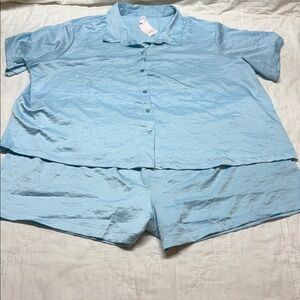 Light Blue Crinkle Loungewear Set | Button-Down Short Sleeve Top & Shorts 4X NWT